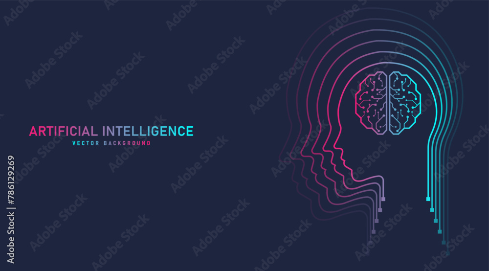 Poster Brain circuit in human outline, Artificial intelligence abstract background colorful tone.Technology concept design background, Machine learning, Vector illustration for banner and web template.