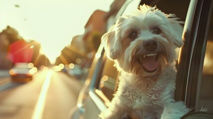 A dog sticking its head out of a car window on shiny background AI generated - obrazy, fototapety, plakaty