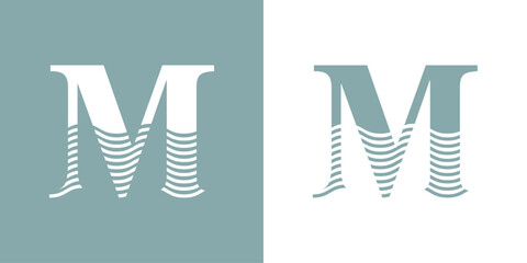 Logo Nautical. Letra inicial M con olas de mar - 786129424