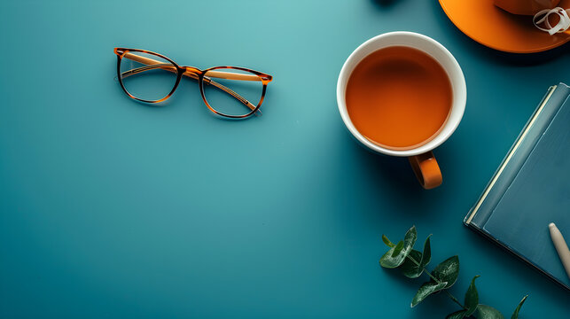 background copy space wiith glasses, tea and book