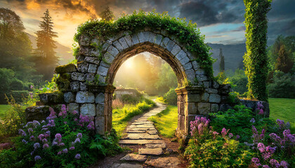Old arch made of stone and covered with greens. Magical portal on abandoned garden path.