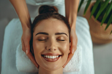 Woman receiving facial reiki and reflexology spa massage - obrazy, fototapety, plakaty