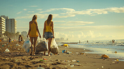 Volunteers Collecting Trash on a Polluted Beach at Sunset