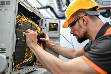 Electrician repairing home air conditioner unit with AC.