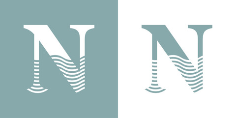 Logo Nautical. Letra inicial N con olas de mar - 786129656