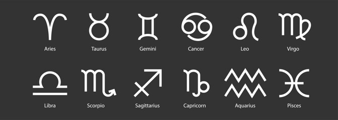 Zodiac signs set. Isolated horoscope zodiac symbols Capricorn, Aquarius, Pisces, Aries, Taurus, Gemini, Cancer, Leo, Virgo, Libra, Scorpio. Zodiac astrology signs vector illustration