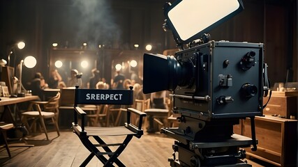 Artistic Image: Director's chair situated amidst a lively film set, bustling with activity and surrounded by an array of filmmaking paraphernalia, including cameras, lights, clapperboards, and other p - obrazy, fototapety, plakaty