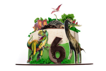 Dinosaur-Themed Birthday Cake With Number Six