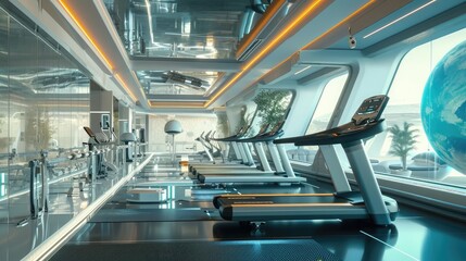 A futuristic gym with AI-guided exercise routines, overlooking a bustling spaceport