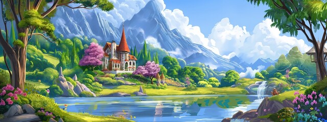 Fototapeta premium beautiful fairytale castle on green pasture and mountain hill, artful painting style illustration with grungy brush stroke texture, Generative Ai