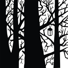 Impenetrable dark forest silhouette, lamp on the branch