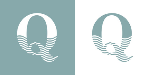 Logo Nautical. Letra inicial Q con olas de mar - 786130449