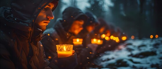 Candlelit Vigil in Snowy Woods. Concept Winter, Candlelight, Nature, Remembrance, Vigil - obrazy, fototapety, plakaty