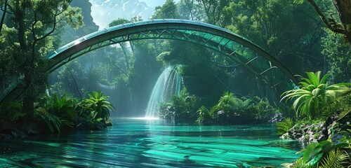 A futuristic bridge arching gracefully over turquoise waters, framed by lush greenery.