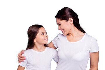 Close up photo amazing toothy pretty two people brown haired mum small little daughter stand...