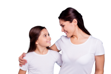 Close up photo amazing toothy pretty two people brown haired mum small little daughter stand hugging lovely look eyes free time rejoice wearing white t-shirts isolated on bright blue background