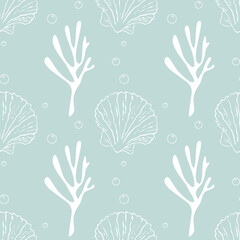 Sea pattern with white corals and seashells, air bubbles, sea elements on gray pastel background, elegant and stylish.