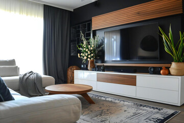 Contemporary African American living room interior with TV