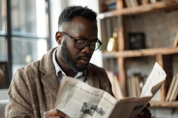 African man reading newspaper breaking fake news headline - obrazy, fototapety, plakaty
