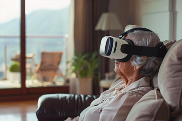technology concept - cute elderly woman using virtual reality glasses in living room