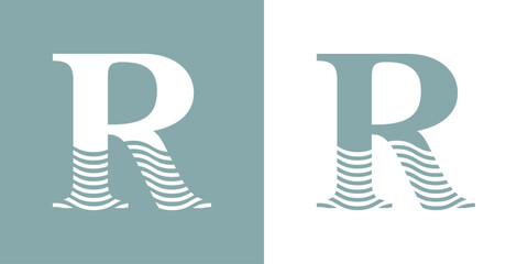 Logo Nautical. Letra inicial R con olas de mar - 786130680