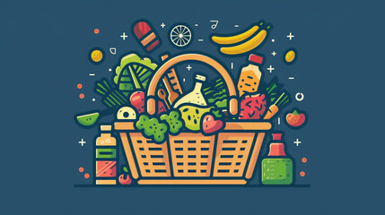 A Basket brimming with market-fresh groceries, complete with a handy shopping list - obrazy, fototapety, plakaty