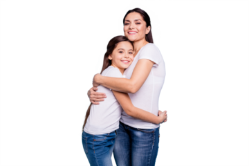 Close up photo adorable amazing pretty two people brown haired mum small little daughter stand close lovely holding hands arms circle rejoice wearing white t-shirts isolated on bright blue background