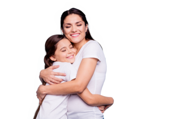Close up photo adorable amazing pretty two people brown haired mum small little daughter eyes closed hold hands arms circle missed were separate wearing white t-shirts isolated bright blue background