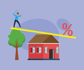 Businessman standing on seesaw on top of a house with percentage sign