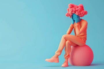 A woman with a pink head sits on a pink ball in model style.