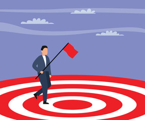 Businessman holding red flag to setting target point