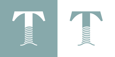 Logo Nautical. Letra inicial T con olas de mar - 786131280