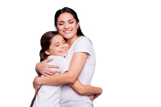 Close up photo adorable amazing pretty two people brown haired mum small little daughter eyes closed hold hands arms circle missed were separate wearing white t-shirts isolated bright blue background