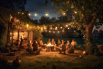 Blurred background with an evening outdoor party. AI generated