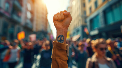 Raised Fist in a Crowded Street Demonstrating Unity and Power - obrazy, fototapety, plakaty