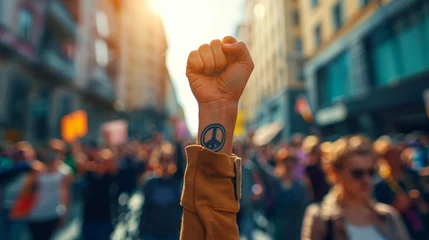 Tuinposter Raised Fist in a Crowded Street Demonstrating Unity and Power © kegfire