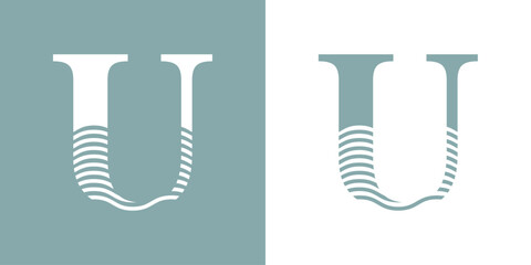 Logo Nautical. Letra inicial U con olas de mar
