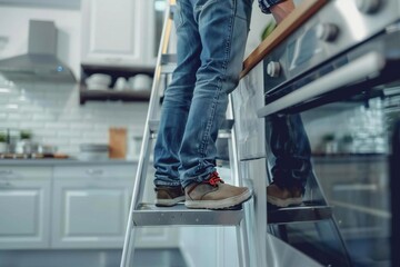 A technician in safety shoes ascending a ladder