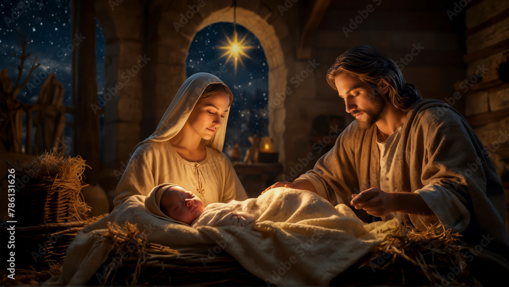 Wall mural sacred nativity of christ: virgin mary and joseph gazing at baby jesus bathed in the glowing light o