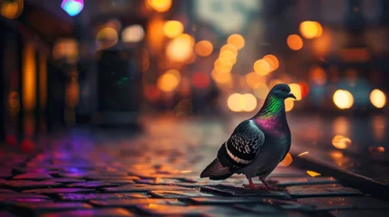 Foto op Canvas A mesmerizing scene capturing a colorful shimmering city pigeon, Columba livia domestica, perched on cobblestones sidewalk. © STOCKAI