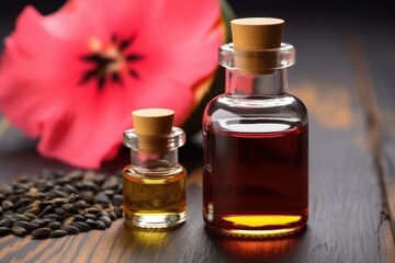 Two bottles of oil with watermelon seeds, a red flower adds a pop of color. Watermelon Seed Oil and Seeds