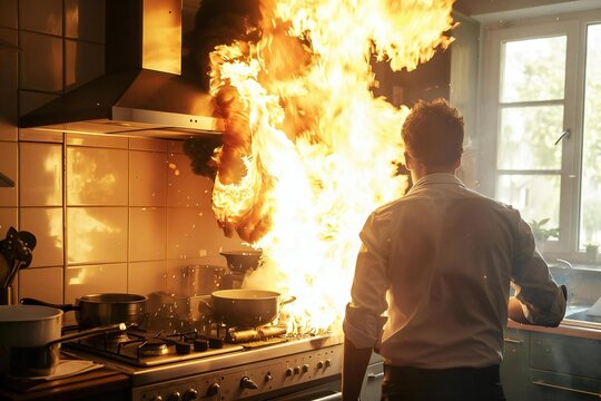 Man fails at cooking in kitchen oven fire