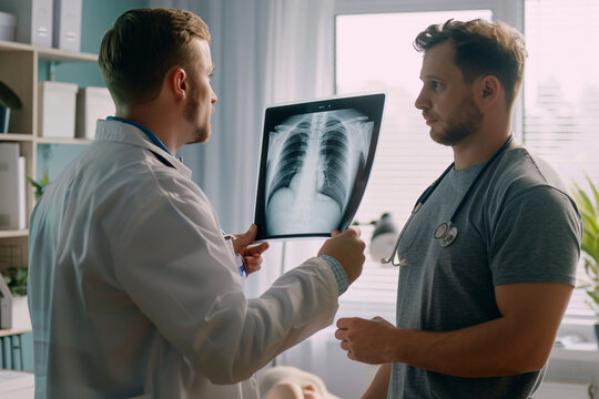 two male doctors looking at x-ray of patient