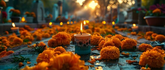 Día de los Muertos: Twilight Glow among Marigolds. Concept Mexican Traditions, Halloween Celebrations, Day of the Dead Festivities - obrazy, fototapety, plakaty