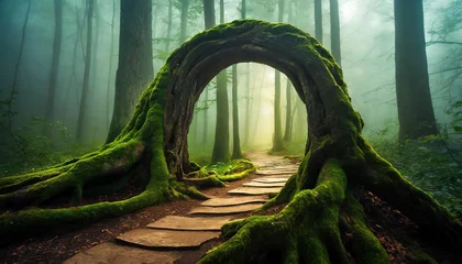 Poster Abstract arch made of tree roots on forest path. Mysterious portal to another world, magical place. © hardvicore