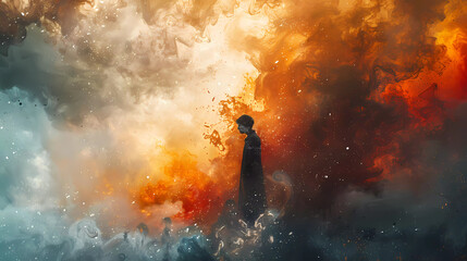 Fototapeta premium Solitary Figure Amidst Cosmic Chaos