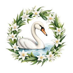 Fototapeta premium Swan swimming with lilies and leaves wreath around watercolor illustration, clipart, floral decoration element, isolated, animal bird, cute