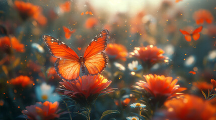AI generated illustration of an orange butterfly hovers above a meadow of flowers
