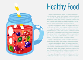 Chia seed mango strawberry pudding vector illustration. Healthy eating.