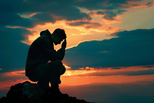 Silhouette of thankful man seeking god's praise and praising